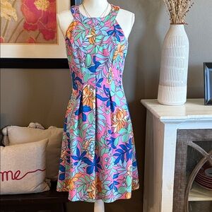 PAPPAGALLO Aqua Pink Stretch Knit Floral Halter-Neck Fit & Flare Size 6 Preppy